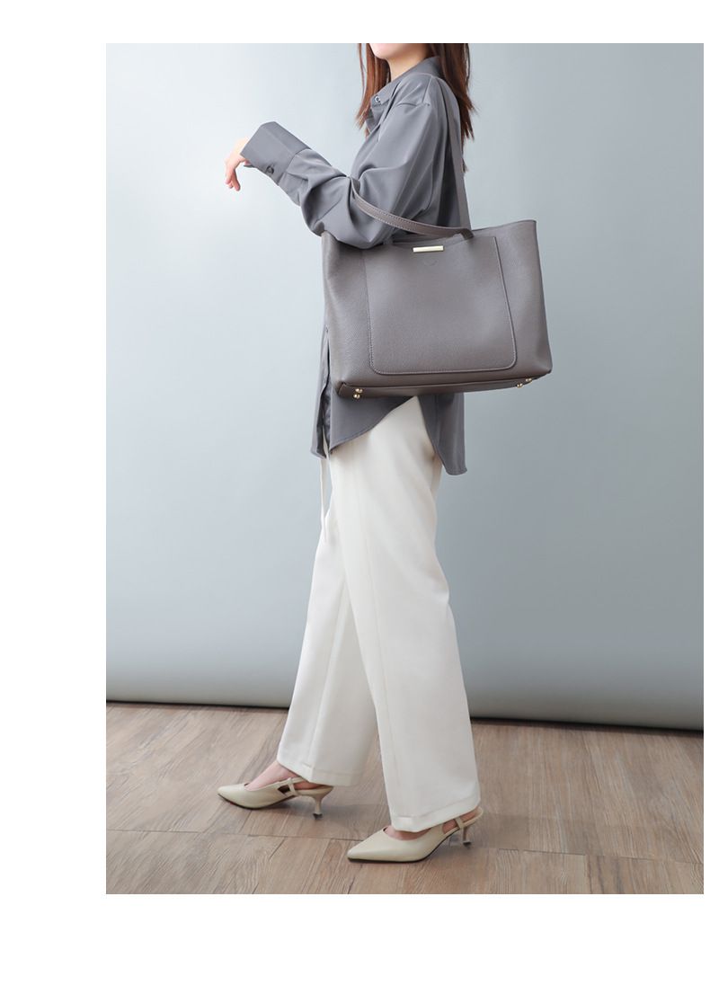 真皮大容量托特包-A4可放-淺灰色 (34x24x13cm)