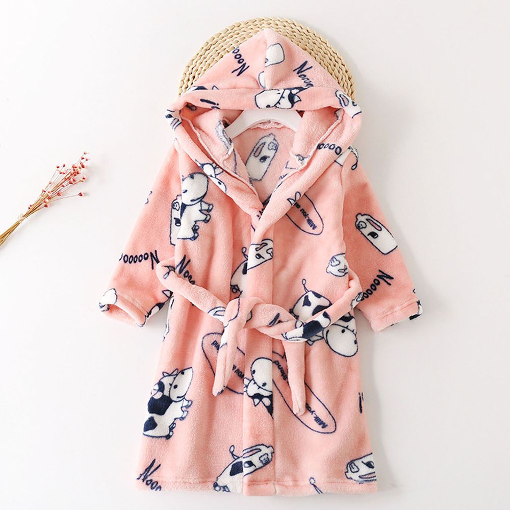 超柔軟珊瑚絨浴袍睡衣-粉色乳牛