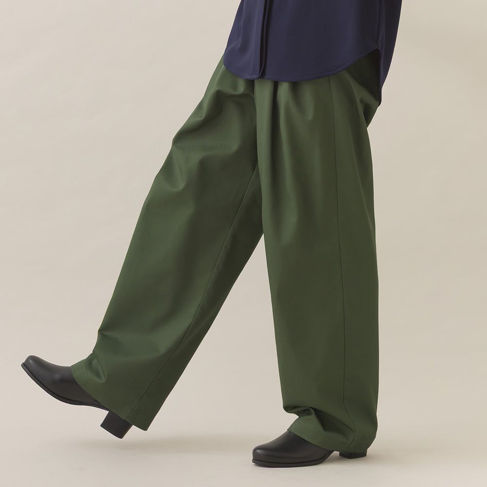 率性感打褶後鬆緊高腰寬褲-橄欖綠