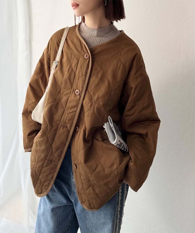 日本 Classical Elf - 簡約絎縫泡泡紋鋪棉外套-焦糖咖