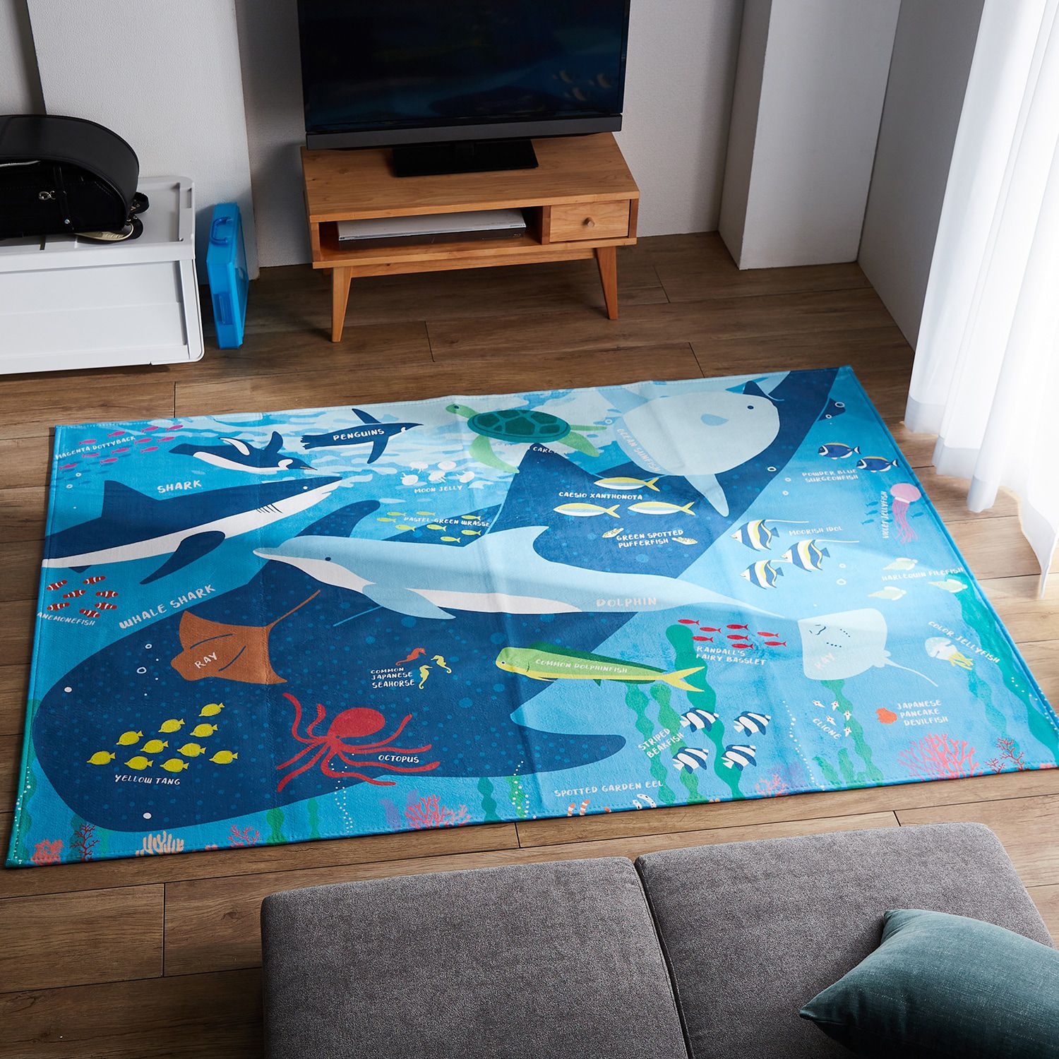 日本千趣會 - 邊學邊玩！可機洗細絨兒童地毯-水族館 (120×180cm)