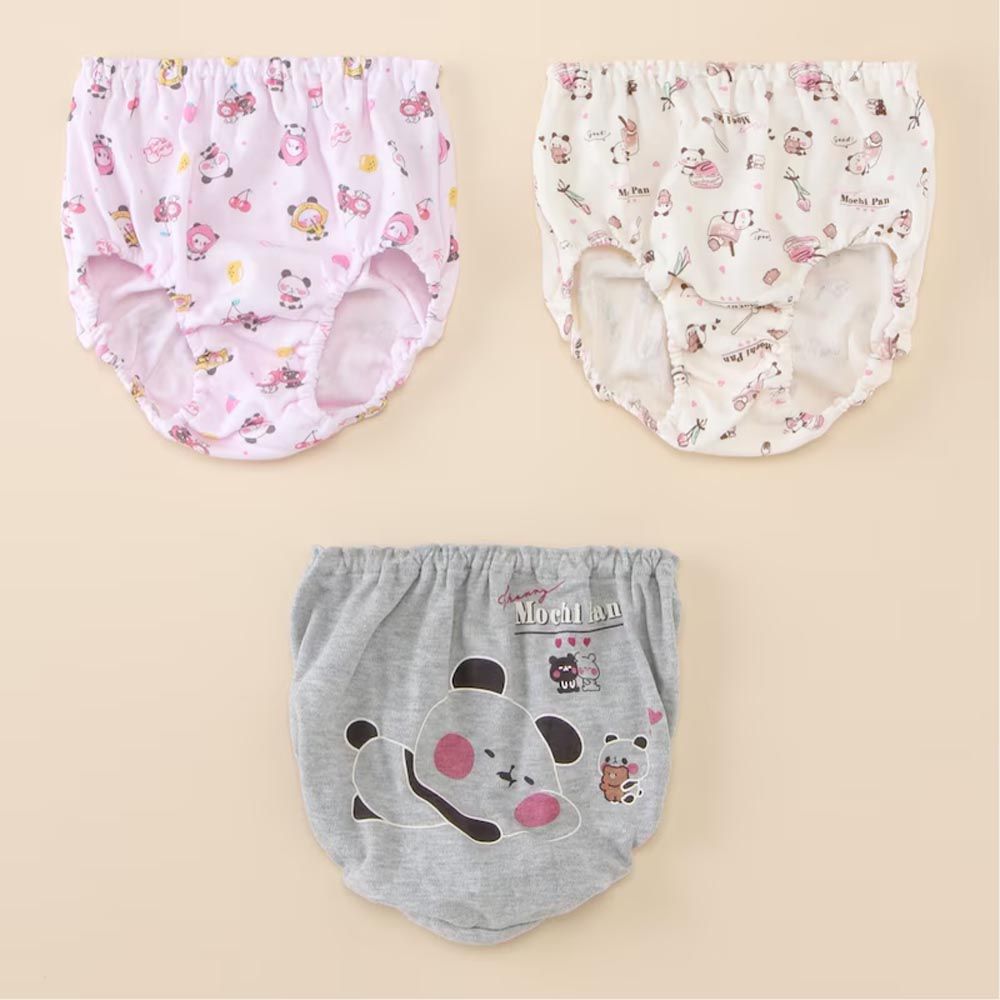 日本千趣會 - 100%棉童趣印花三角褲(3件組)-軟綿綿貓熊-粉米灰