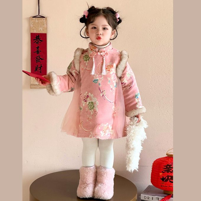 新年拜年甜美古風旗袍領鋪棉網紗點綴洋裝 新年拜年女童洋裝