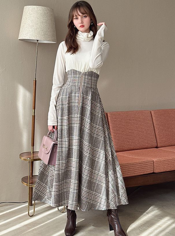 日本 GRL - 後綁帶格紋修身高腰長裙-灰棕