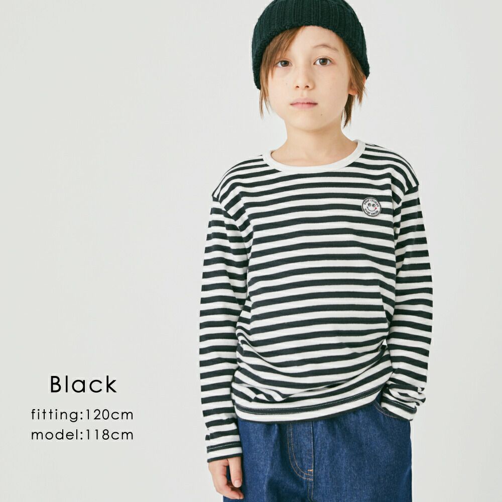 日本 evercloset - 定番條紋純棉長袖上衣-笑臉徽章-海軍藍