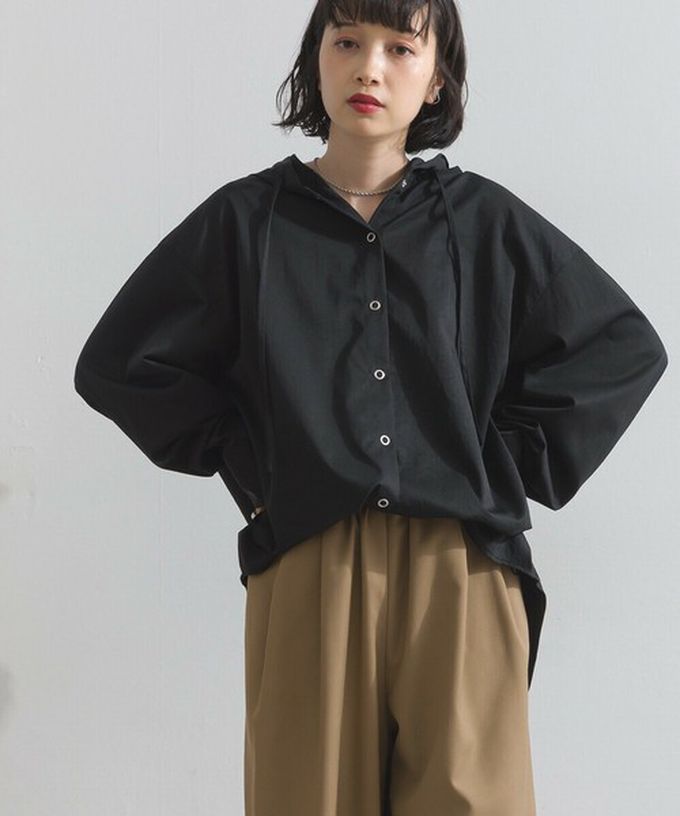 日本 ELENCARE DUE - 復古風磨毛寬版連帽長袖襯衫-黑