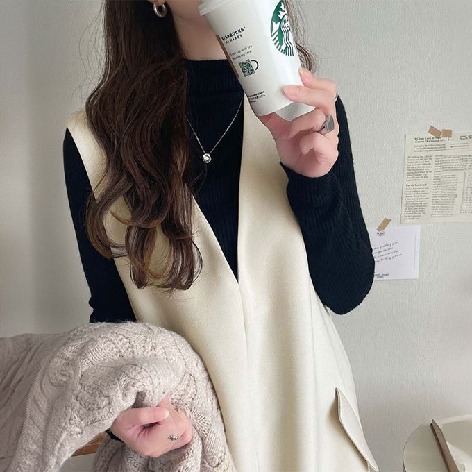 日本 Classical Elf - 簡約深V領氣質線條背心裙-象牙白