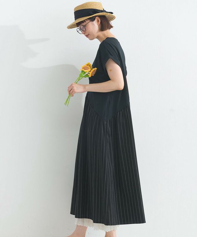 日本 Lupilien - [人氣款]亞麻混紡條紋拼接短袖洋裝-芥末黃