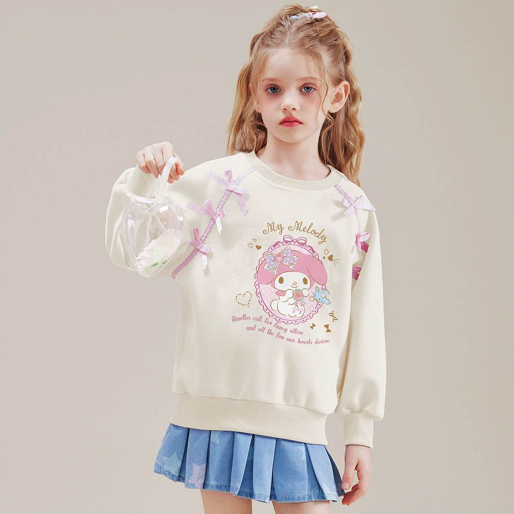 甜美蝴蝶結長袖上衣/大學T-卡通人物美樂蒂-杏色