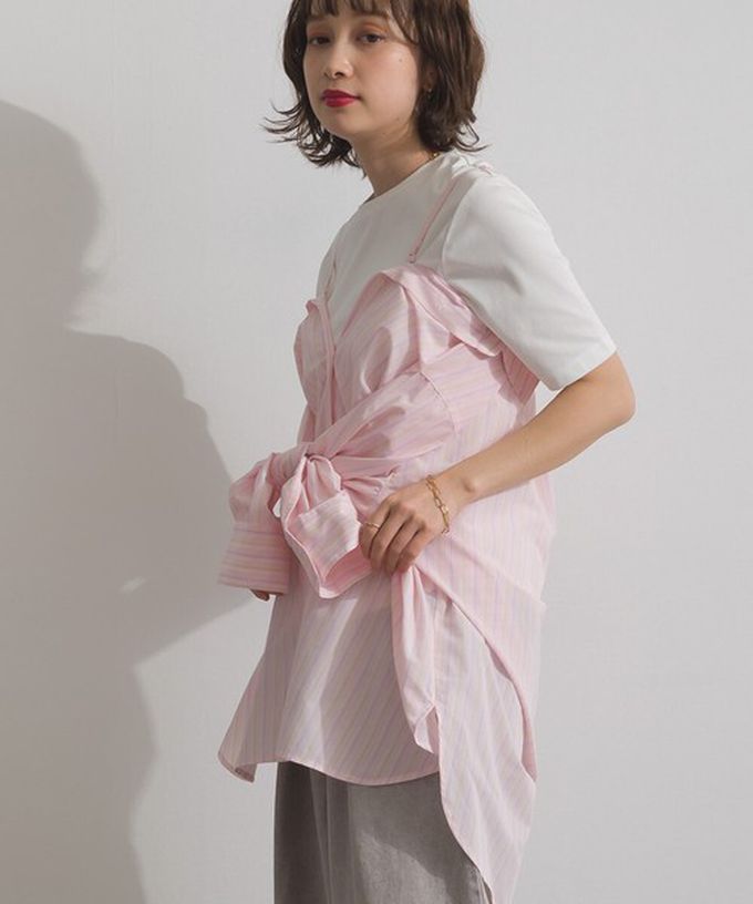 日本 ELENCARE DUE - 2way穿法俐落條紋寬版襯衫-藍