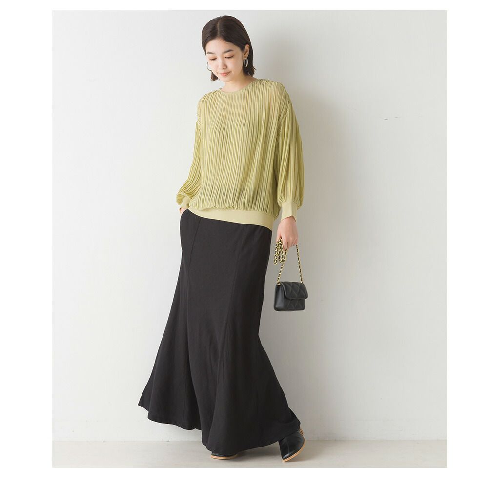 日本 OMNES - 微透感百摺薄長袖上衣-黑