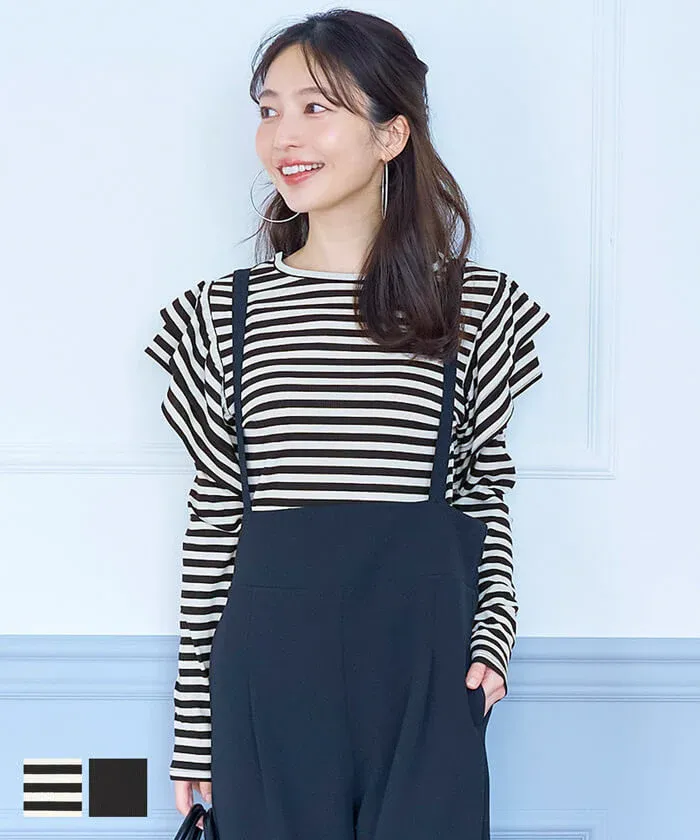 日本 COCA - 棉混透氣荷葉邊薄長袖上衣-黑