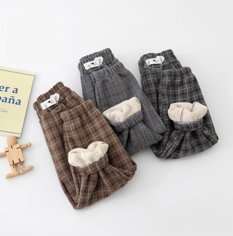 FANMOU - 英倫風加絨腰鬆緊格紋長褲-咖啡色