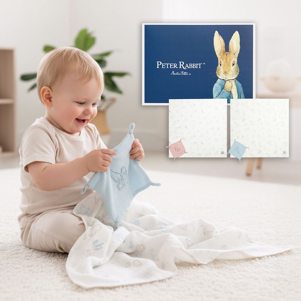 比得兔天絲泡泡紗包巾安撫禮盒 120x120cm 2色選擇(包巾+安撫巾 寶寶新生兒禮 彌月禮 嬰兒禮盒)-粉色