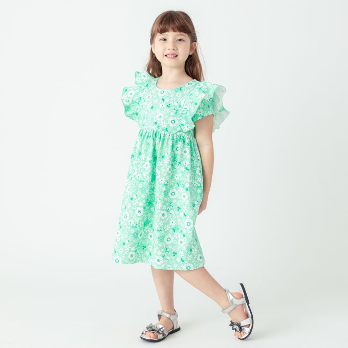 日本 evercloset - 少女花卉雙層荷葉袖洋裝-粉紅