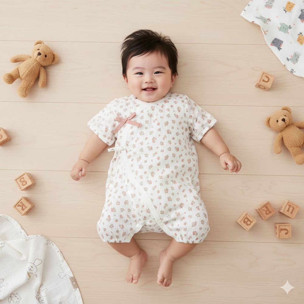 短袖連身衣 穆斯林棉紗-玫瑰紅色 (50~70cm)