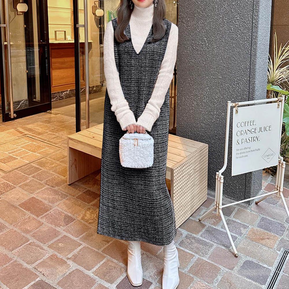 V領千金小姐花呢背心洋裝-黑 (F)