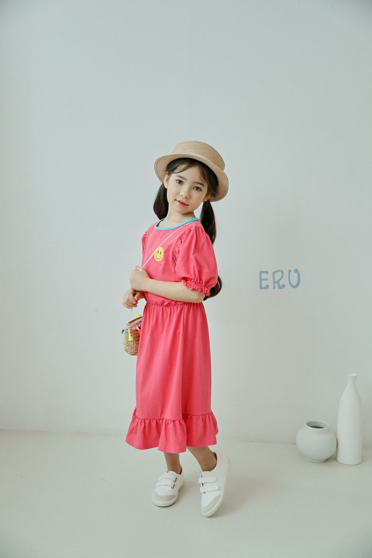 韓國 ERU - 活力笑臉縮腰洋裝-草莓粉