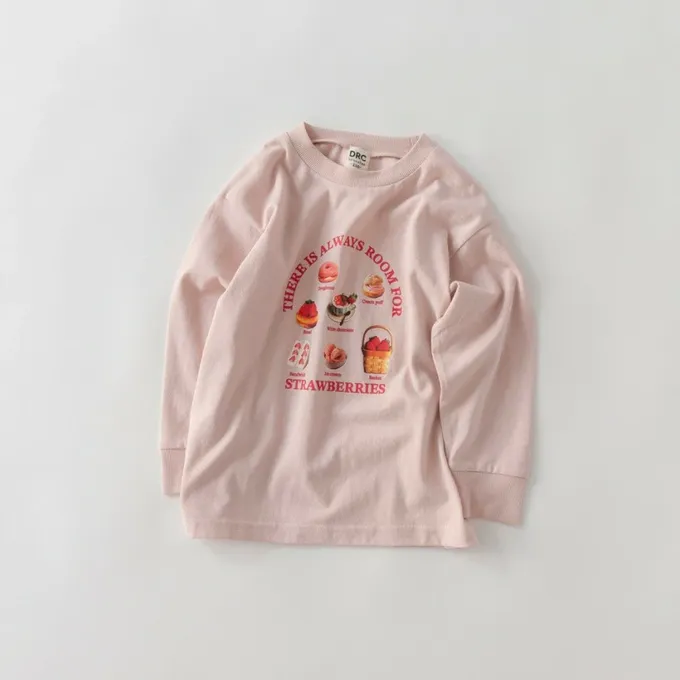 日本 BRANSHES - 100%棉 美味季節印花長袖上衣-鮮艷草莓-白