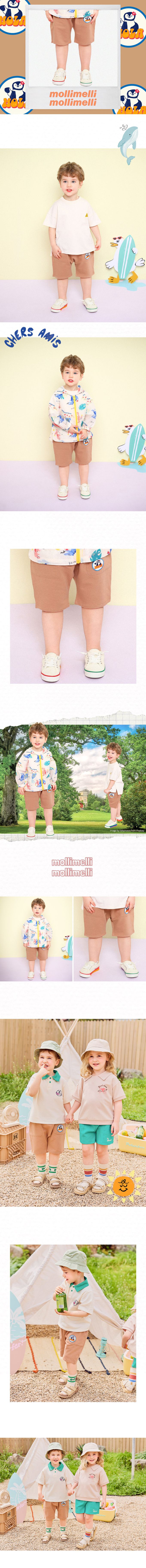 韓國 mollimelli - 鬆緊腰HOLA企鵝徽章短褲-卡其