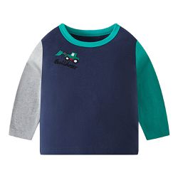 BE TOP - 純棉圓領薄長袖上衣-領口挖土機-拼色藏青