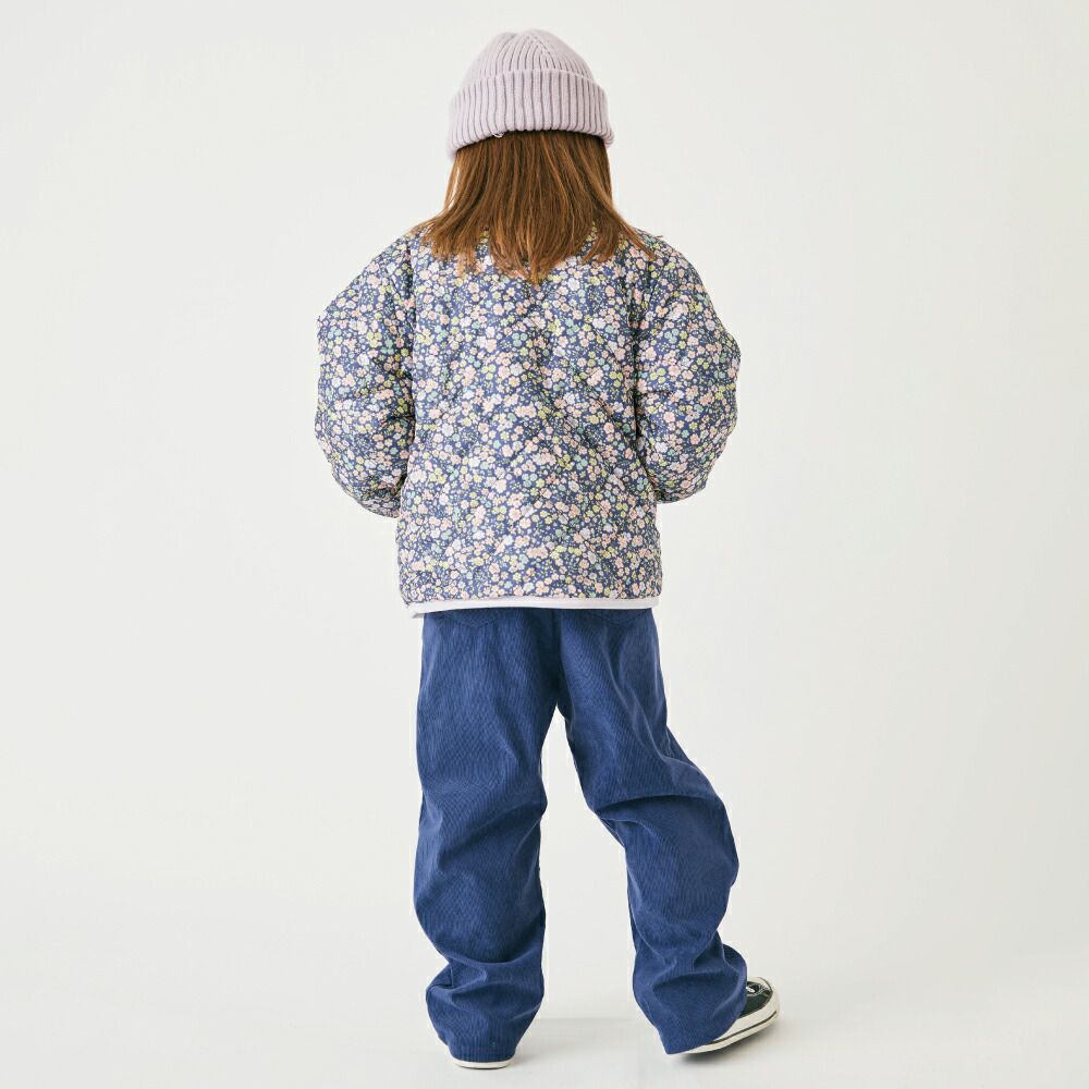 日本 evercloset - 雙面毛絨可愛花保暖外套-深藍x紫系