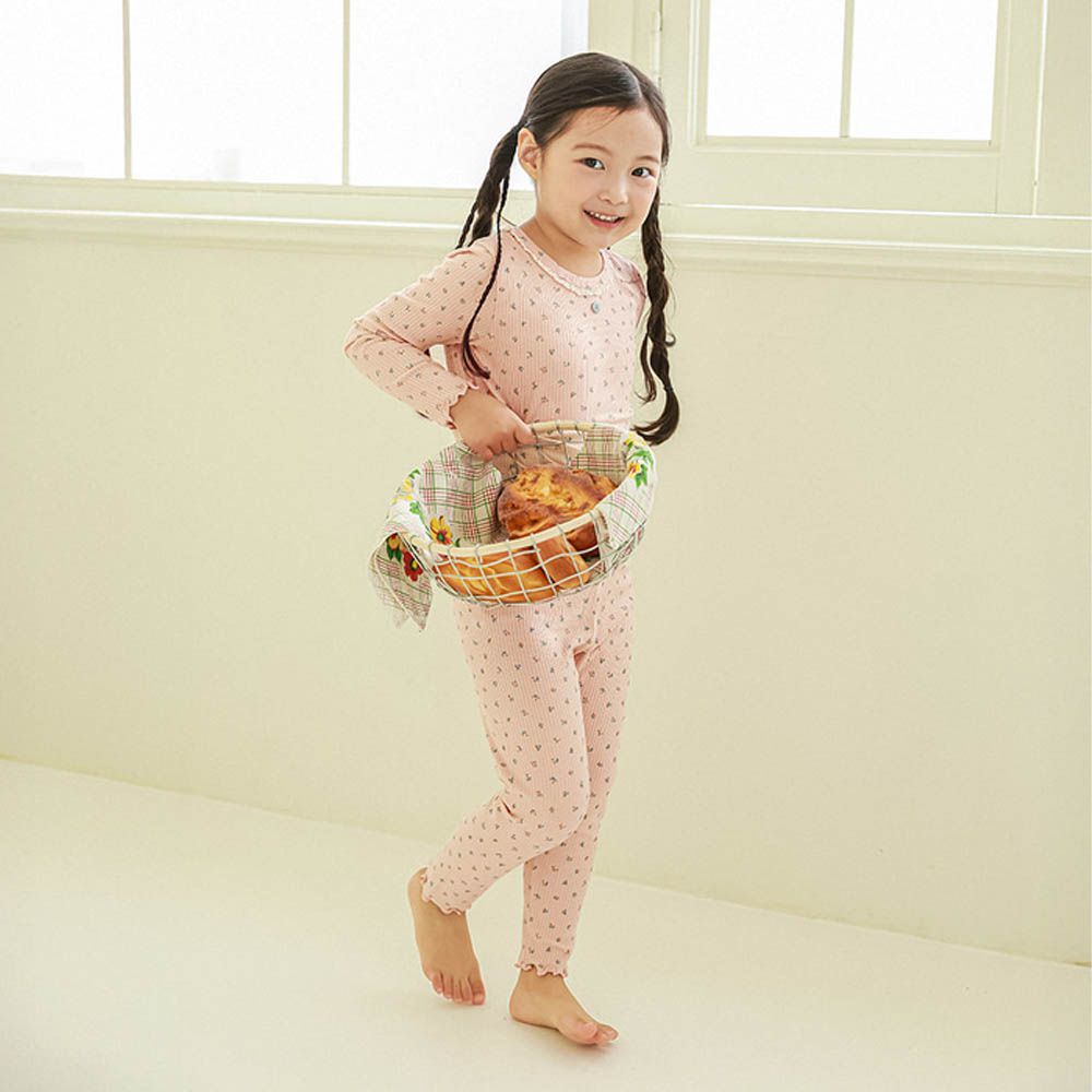 莫代爾親膚坑條羅紋彈力微厚長袖家居服-木耳邊-淡粉