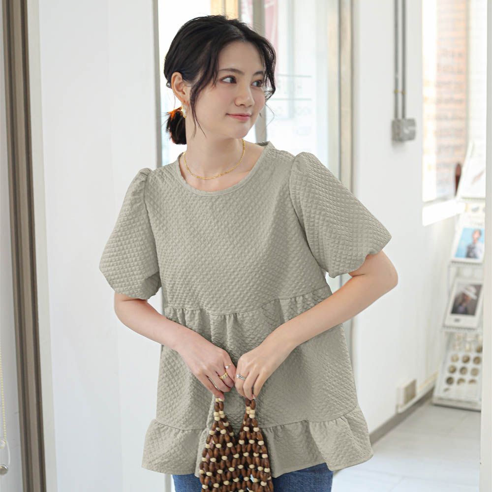 甜美減齡荷葉邊泡泡袖上衣-灰色