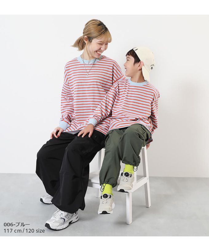 日本 devirock - 100%棉 百搭條紋長袖上衣-藍x橘紅