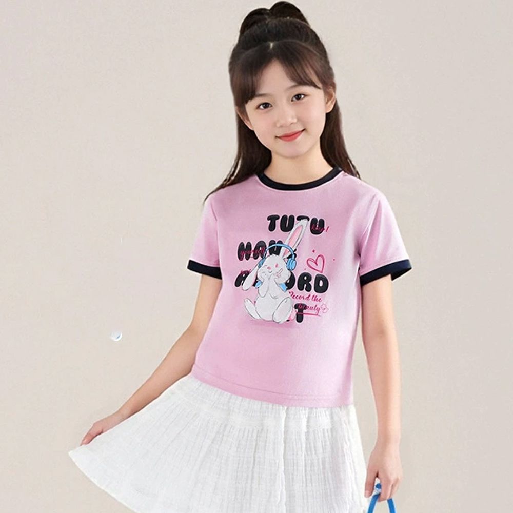 涼感撞色印花短袖上衣/T恤-粉紫色