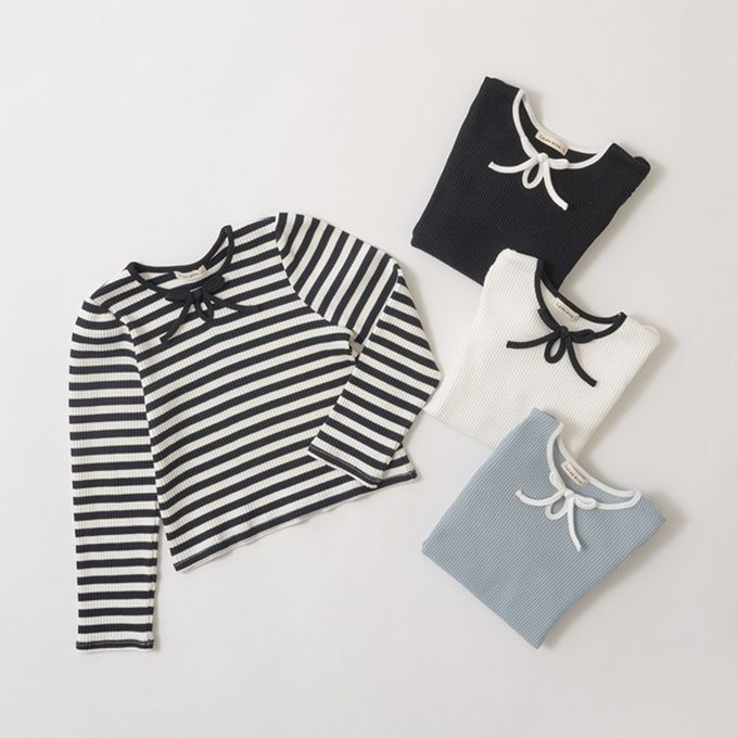 日本 Lycee mine - 領口滾邊綁帶澎澎長袖上衣-黑