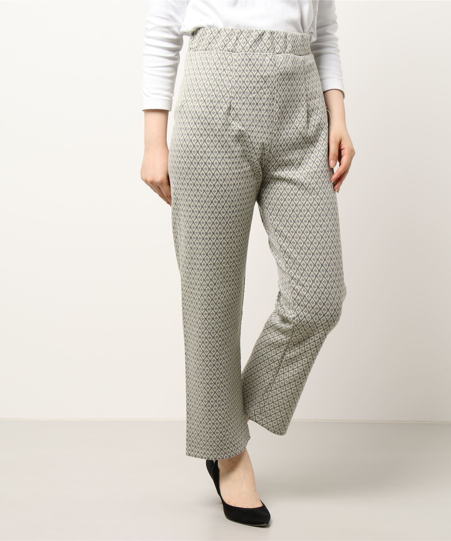 日本 ELENCARE DUE - 滿版幾何綁帶寬褲-米