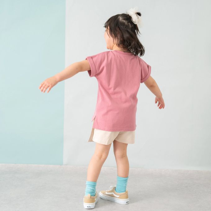 日本 petit main - 100%棉 開衩印花短袖上衣-清新橘子-薄荷綠