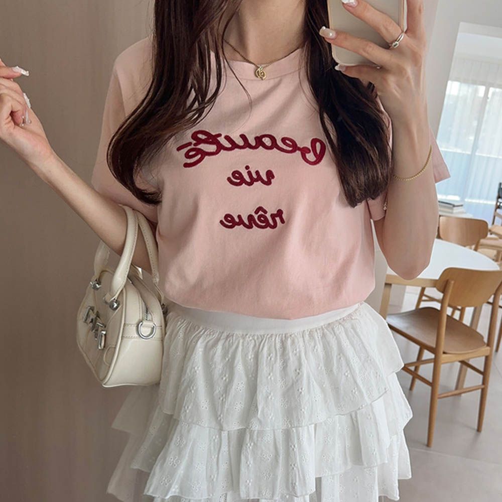 可愛法語印花休閒T恤-粉紅 (F)