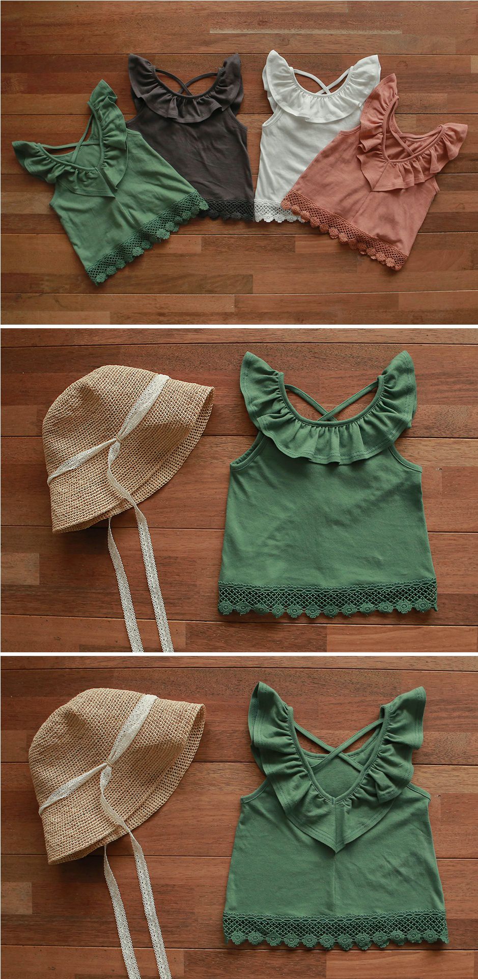 韓國 PuellaFLO - 荷葉圓領菱格鏤空露背上衣-綠