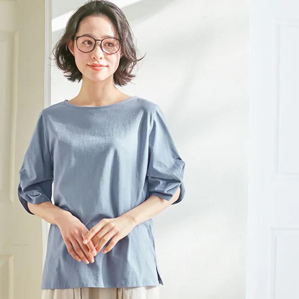 日本 BELLUNA - 純棉舒適抓皺五分袖上衣-藍