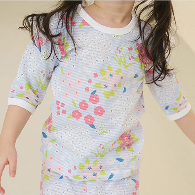 正韓 Puco - 超優質嬰幼兒/兒童七分袖100% 有機純棉家居服/睡衣-百花盛開