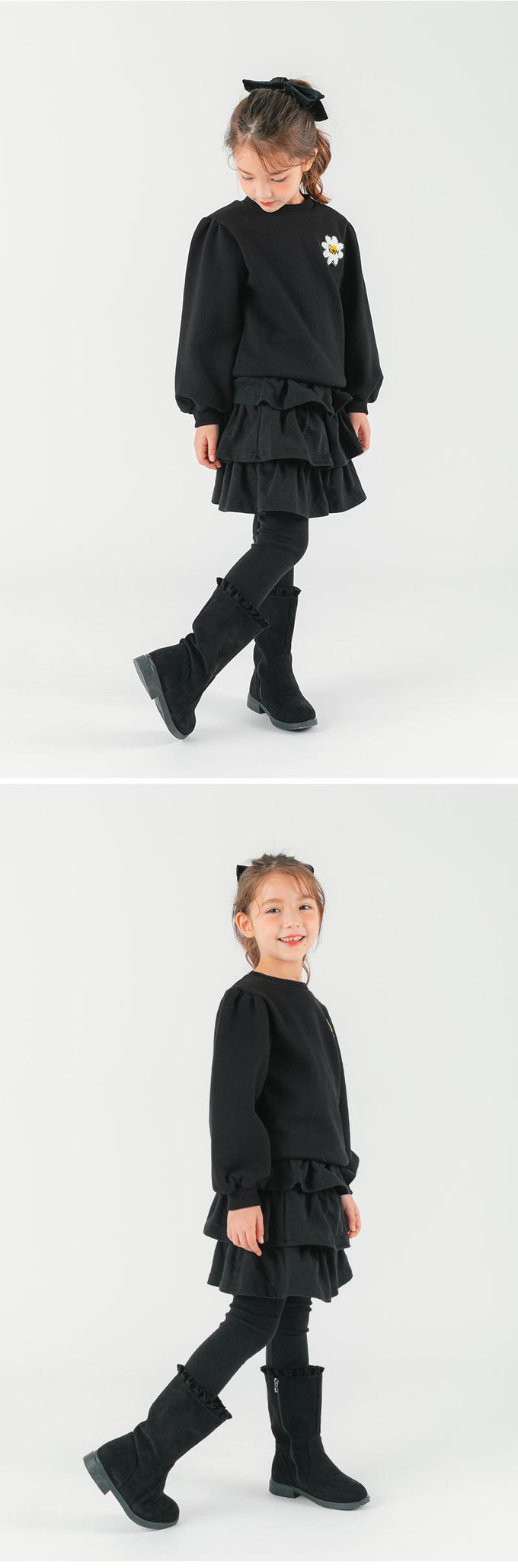 韓國 OZKIZ - 雛菊點綴層次內搭褲裙套裝-黑
