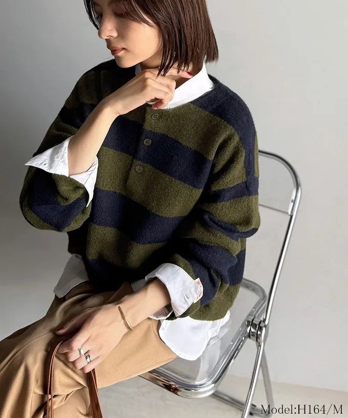 日本 Classical Elf - Java 率性亨利領寬鬆厚針織上衣-海軍藍x灰