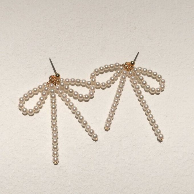 日本 Melody Accessory - 可愛感珍珠蝴蝶結耳環-金