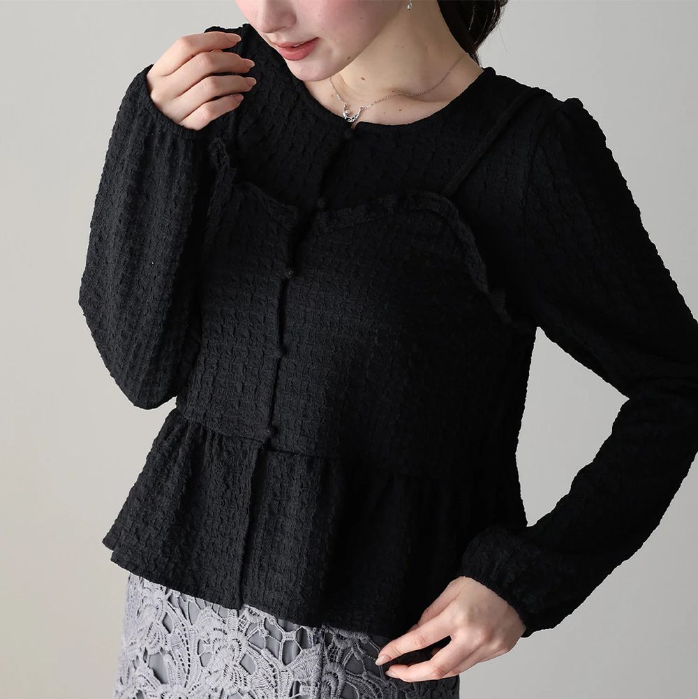假二件造型甜美紋理長袖上衣-黑