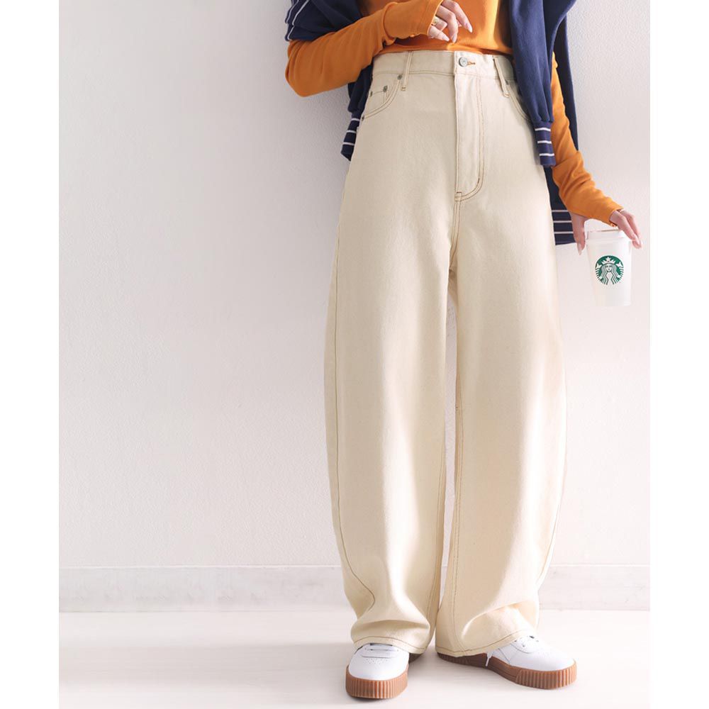日本 Classical Elf - 100%棉 厚磅丹寧繭型長褲-米杏