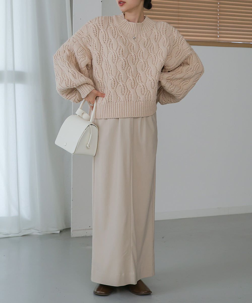 日本 Bab - 麻花編織圓領泡泡袖毛衣-粉膚