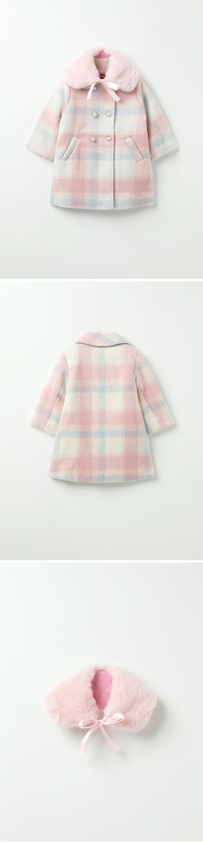 韓國 OZKIZ - (附絨毛圍巾)格紋毛料絎縫大衣外套-粉