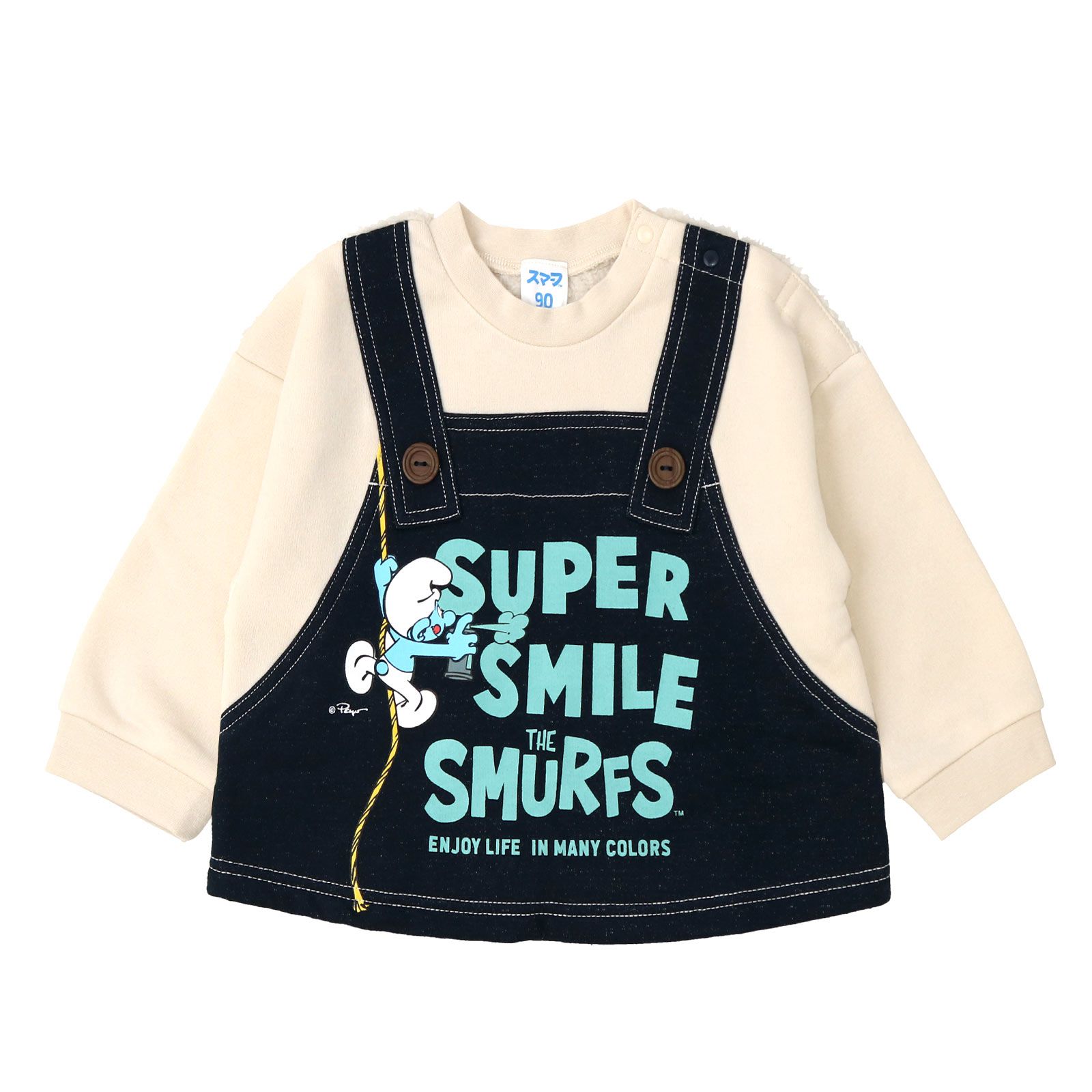 日本 ZOOLAND - 藍色小精靈聯名 保暖長袖上衣-牛仔吊帶塗鴉-奶油杏