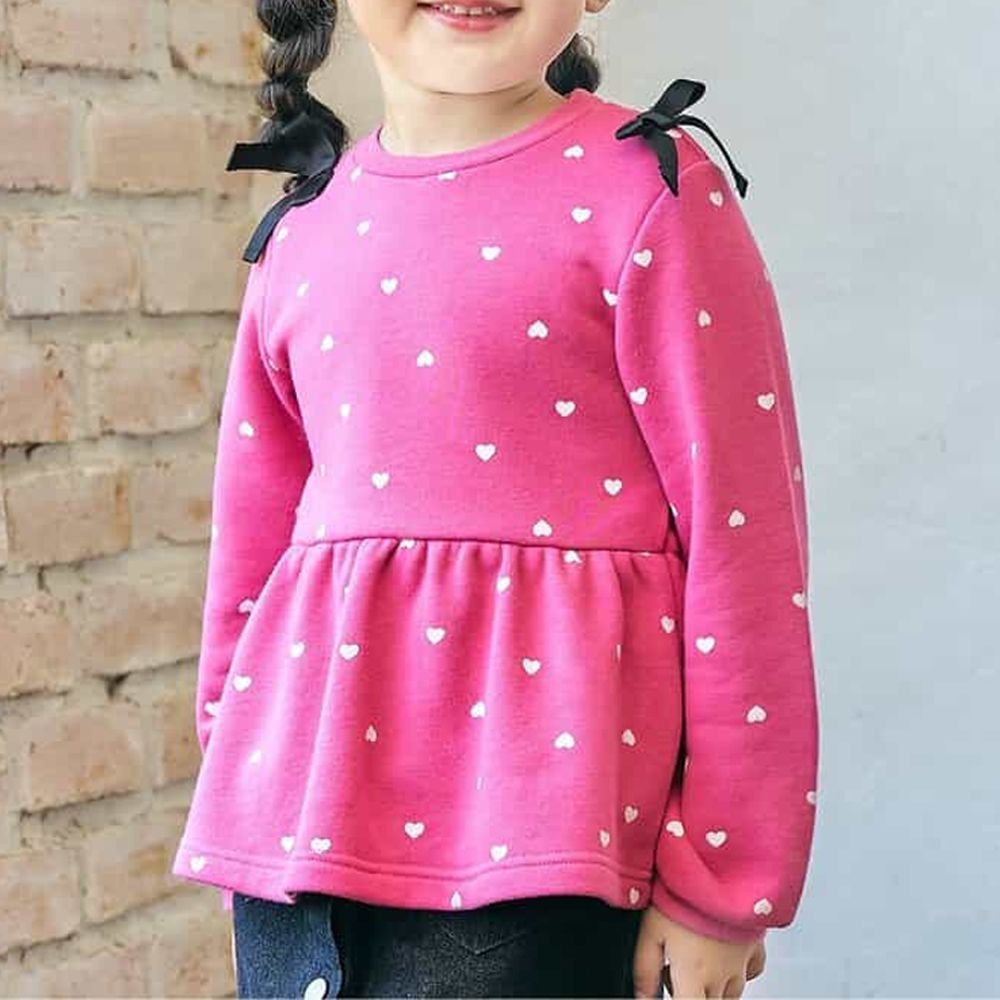 雙肩絲帶可愛長袖上衣-愛心-莓果粉