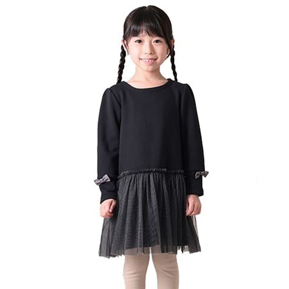 日本 TORIDORY - 極暖裏起毛長袖洋裝-薄紗拼接-黑