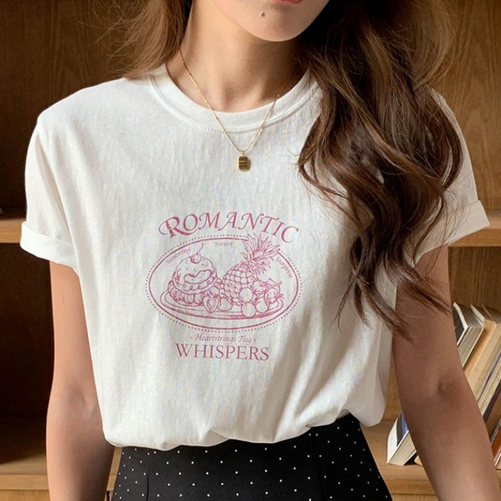 寬鬆正肩短袖上衣-浪漫點心時光-白 (F)