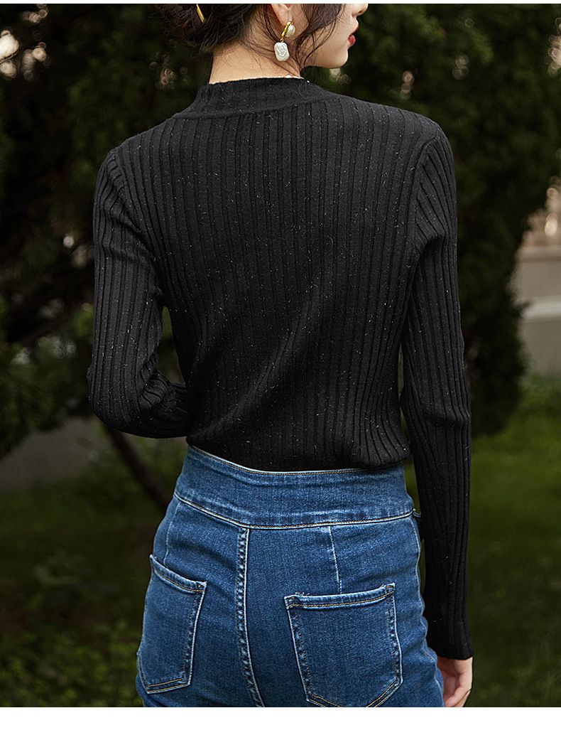 優雅百搭坑條修身針織上衣-黑色