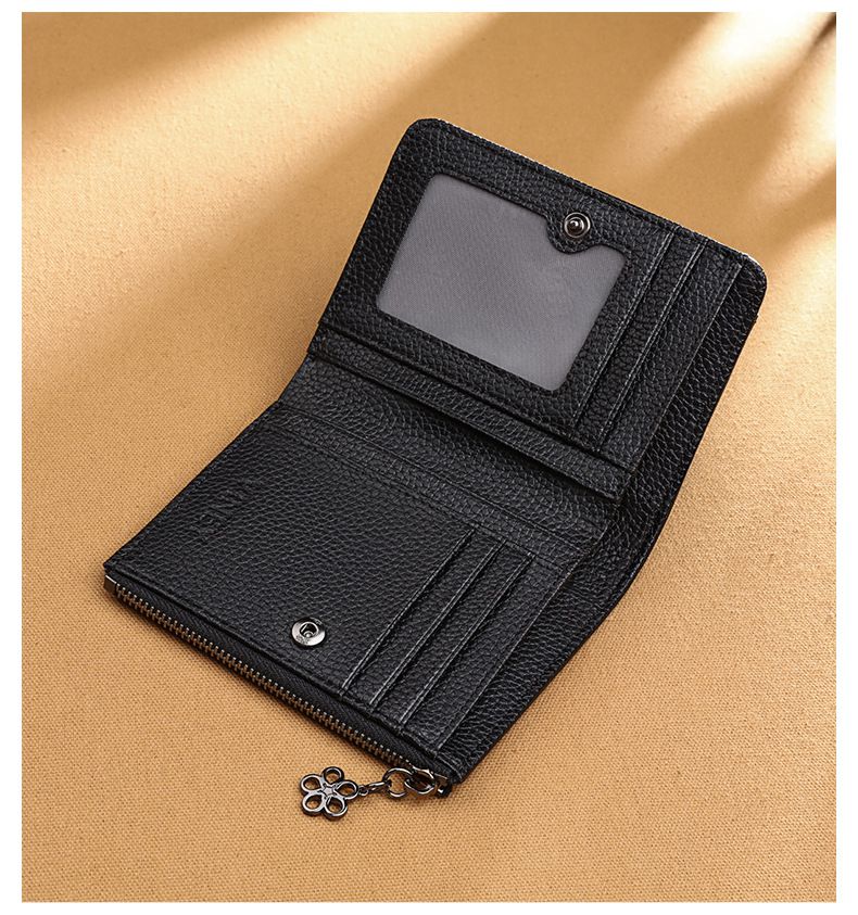 真皮簡約質感拉鏈短夾-黑色 (12x1x10cm)